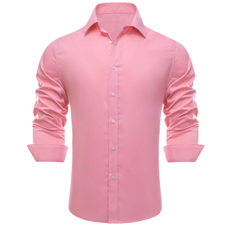 Rose Pink Solid Silk Dress Long Sleeve Shirt