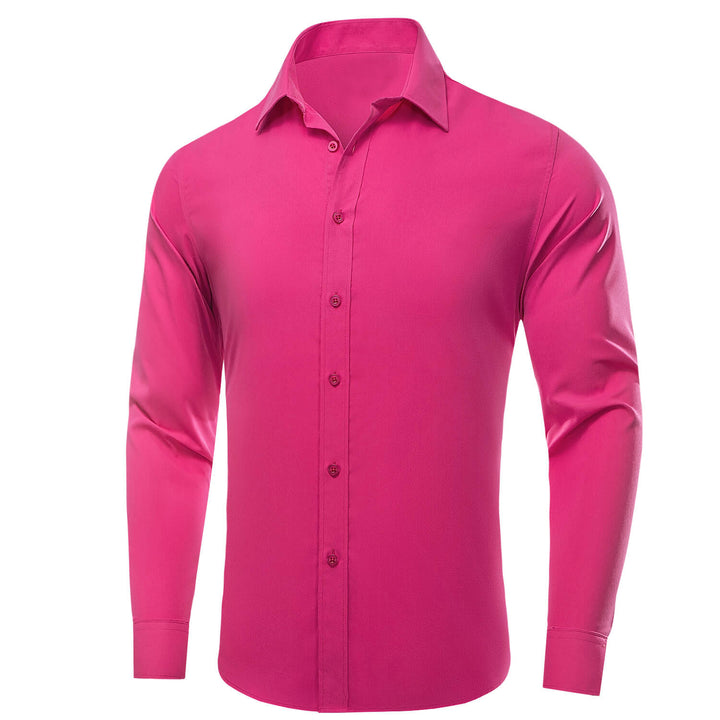Hot Pink Solid Silk Button Up Dress Long Sleeve Shirt