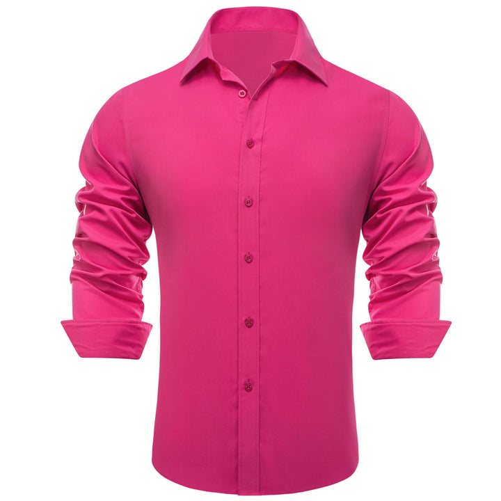 Hot Pink Solid Silk Button Up Dress Long Sleeve Shirt