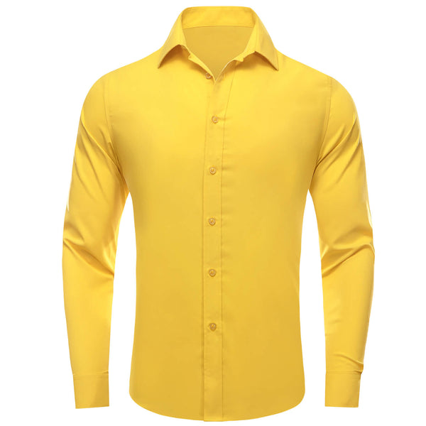 Golden Solid Silk Button Up Long Sleeve Shirt