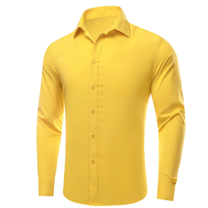 Golden Solid Silk Button Up Long Sleeve Shirt