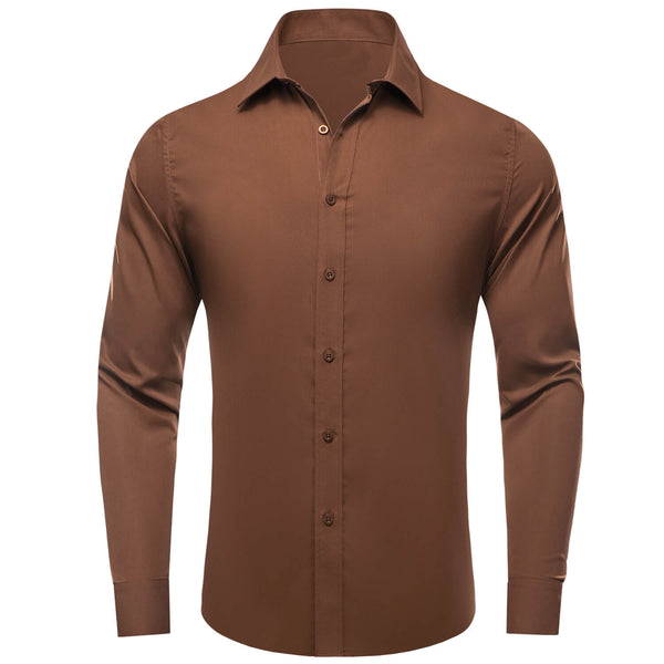 Saddle Brown Solid Silk Long Sleeve Shirt