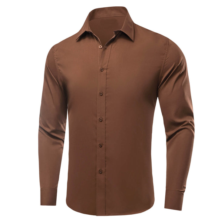 Saddle Brown Solid Silk Long Sleeve Shirt