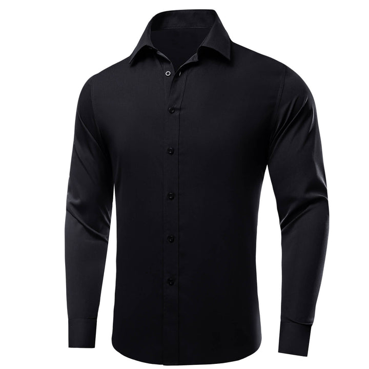  Midnight Black Solid Silk Long Sleeve Dress Shirt