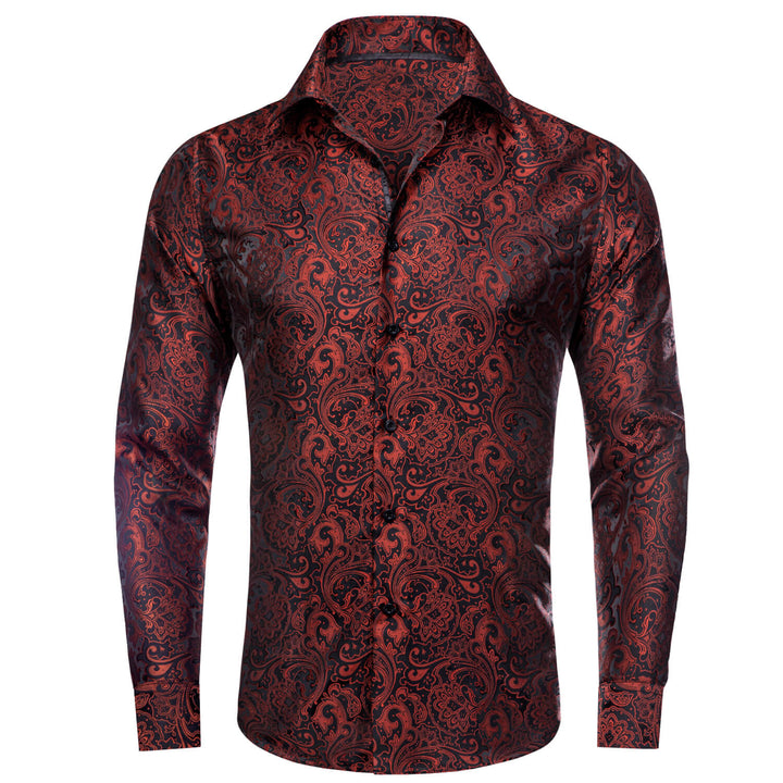 Red Black Floral Button Down Long Sleeve Dress Shirt