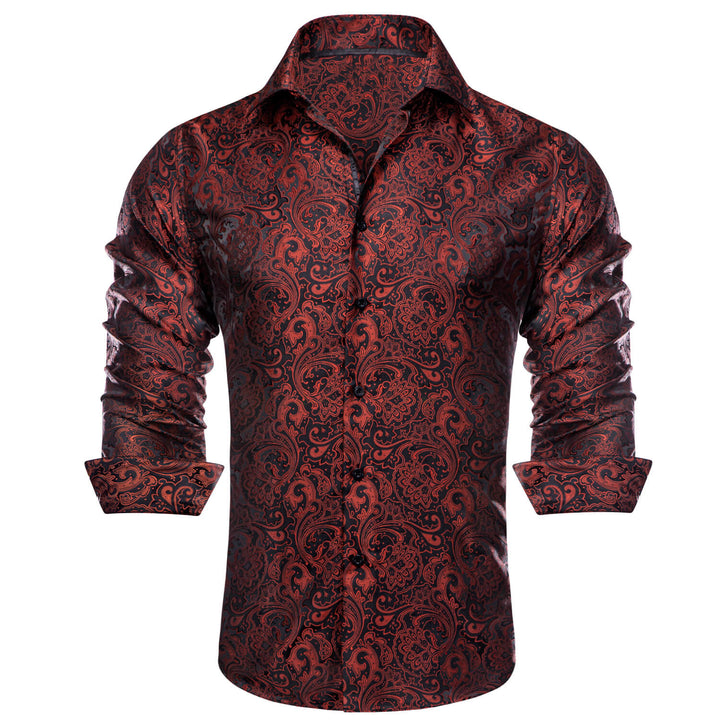  Red Black Floral Button Down Long Sleeve Dress Shirt