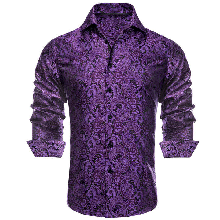 Dark Violet Purple Floral Button Down Long Sleeve Dress Shirt