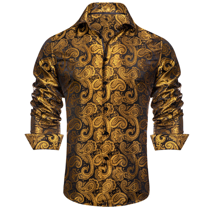 Gold Black Paisley Silk Long Sleeve Dress Shirt