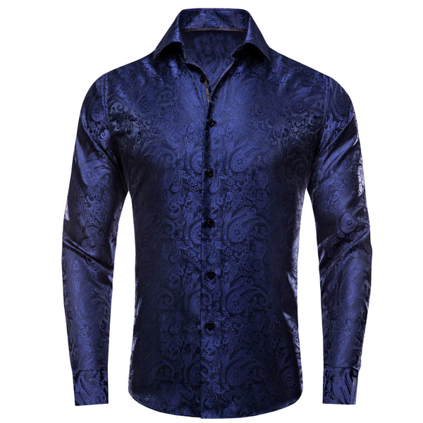 Navy Blue Paisley Silk Long Sleeve Dress Shirt