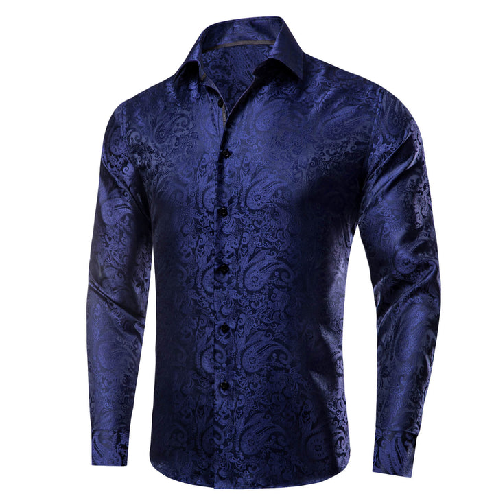 Navy Blue Paisley Silk Long Sleeve Dress Shirt