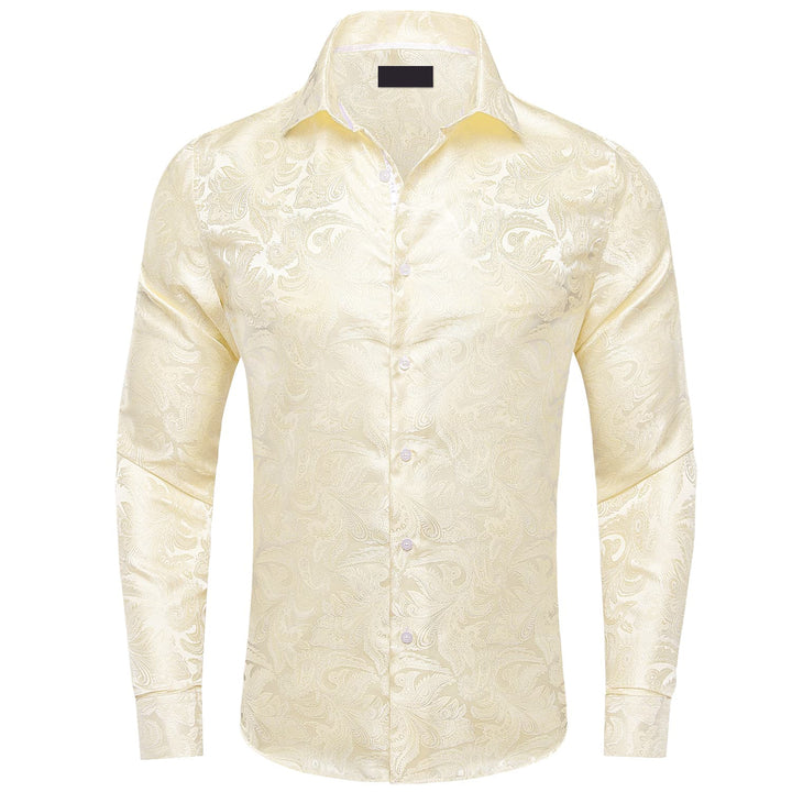  Linen White Floral Silk Button Down Long Sleeve Shir