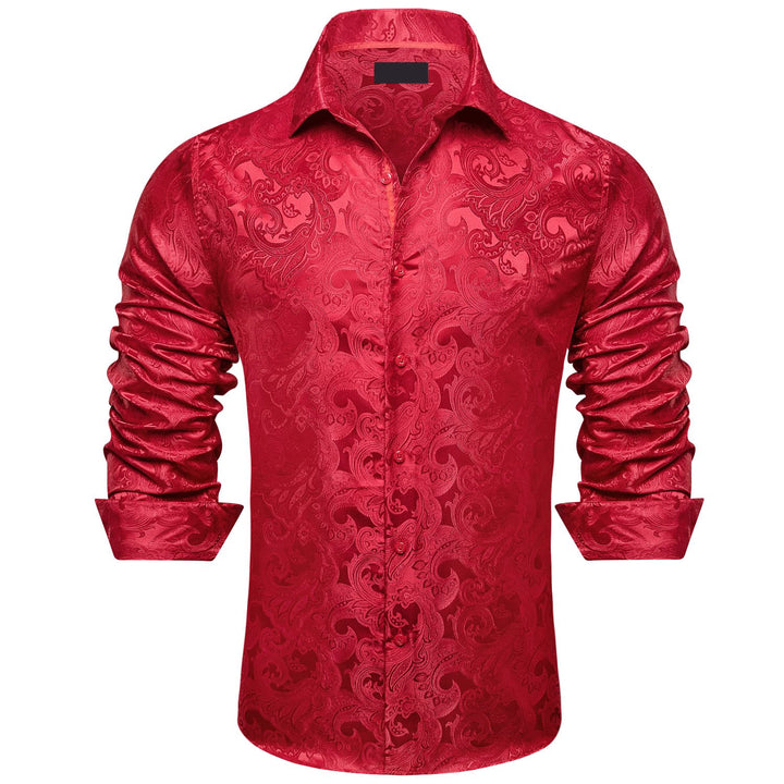  Red Floral Silk Button Down Long Sleeve Dress Shirt