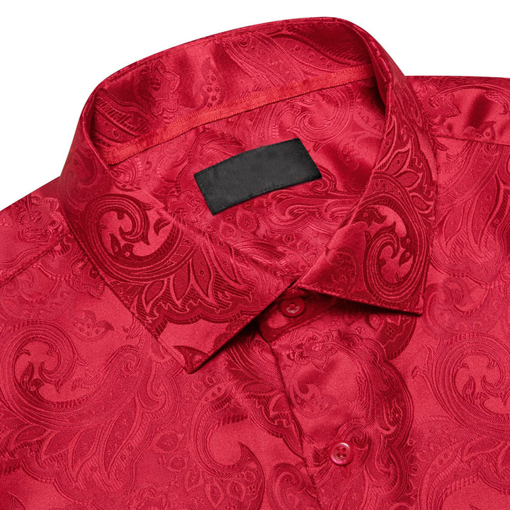  Red Floral Silk Button Down Long Sleeve Dress Shirt