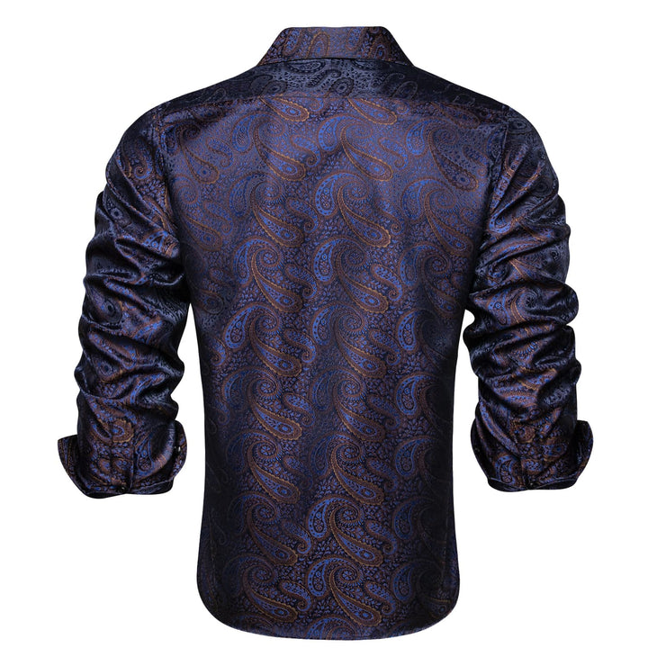 Navy Blue Brown Silk Long Sleeve Dress Shirt
