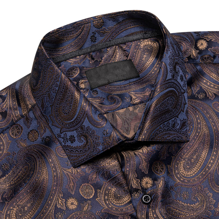 Brown Blue Jacquard Paisley Silk Dress Long Sleeve Shirt