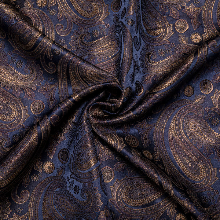 Brown Blue Jacquard Paisley Silk Dress Long Sleeve Shirt