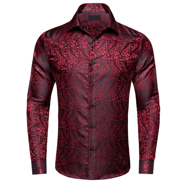 Black Red Jacquard Floral Silk Dress Long Sleeve Shirt
