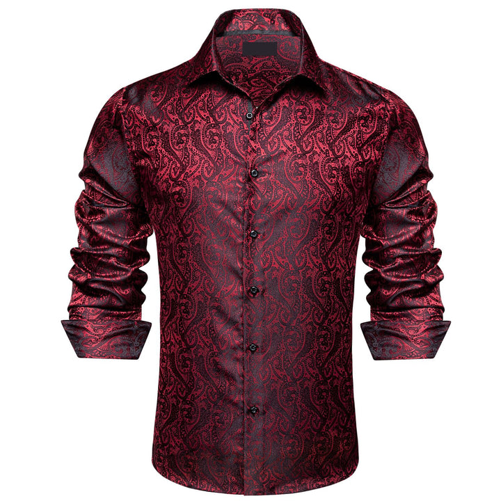 Black Red Jacquard Floral Silk Dress Long Sleeve Shirt