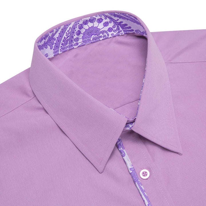  Button Down Shirt Thistle Purple Solid Splicing Mens Silk Shirt