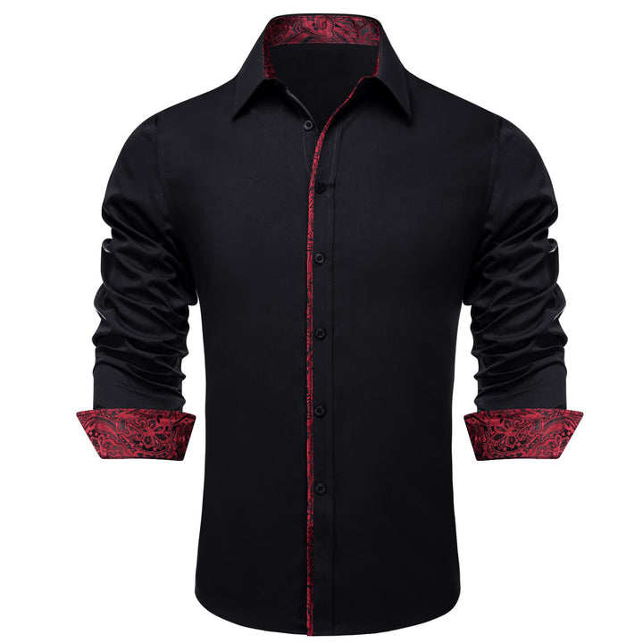  Button Down Shirt Black Solid Red Splicing Mens Silk Shirt\