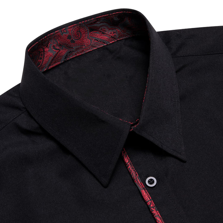  Button Down Shirt Black Solid Red Splicing Mens Silk Shirt
