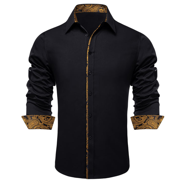 Button Down Shirt Black Solid Gold Splicing Mens Silk Shirt