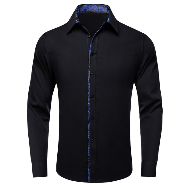 Button Down Shirt Black Solid Blue Splicing Mens Silk Shirt