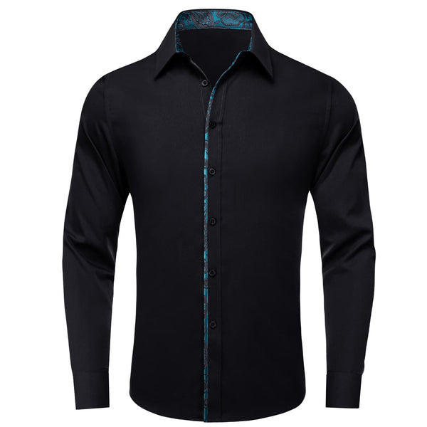 Button Down Shirt Black Solid Teal Splicing Mens Silk Shirt
