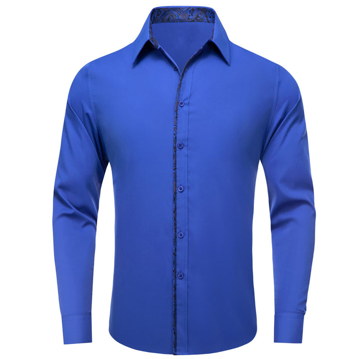 Button Down Shirt Cobalt Blue Solid Black Splicing Mens Silk Shirt