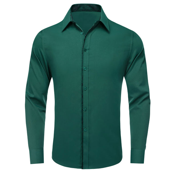 Button Down Shirt Dark Green Solid Splicing Mens Silk Shir