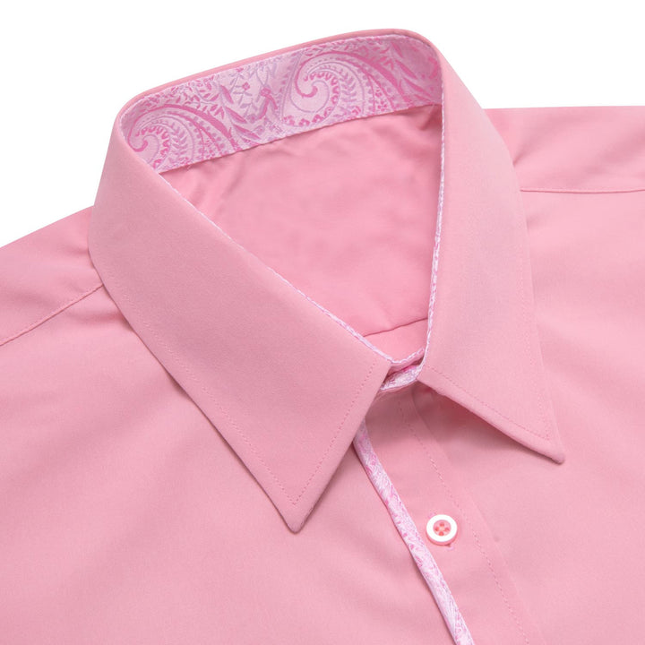 Button Down Shirt Light Pink Solid Splicing Mens Silk Shirt