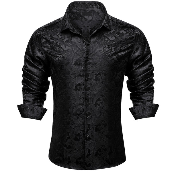 Black Floral Silk Men's Long Sleeve Shirt