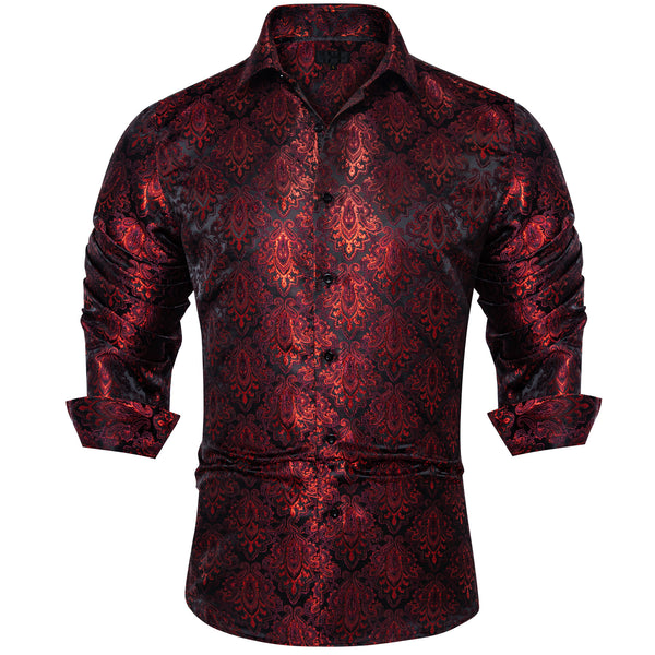 Red Black Paisley Silk Men's Long Sleeve Shirt