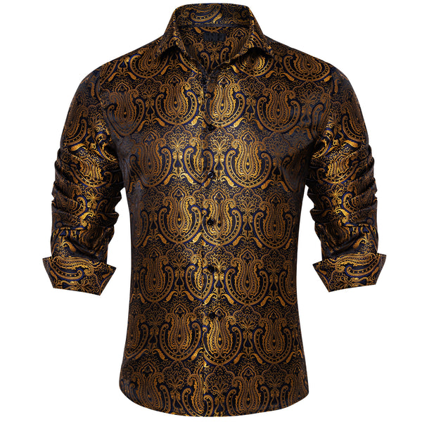 New Golden Black Paisley Silk Men's Long Sleeve Shirt