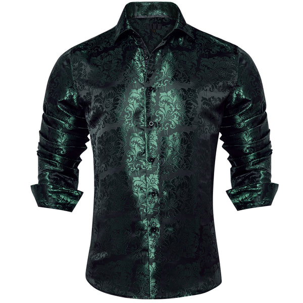 Green Black Floral Silk Men's Long Sleeve Shirt