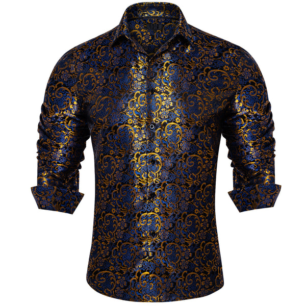 Blue Golden Floral Silk Men's Long Sleeve Shirt
