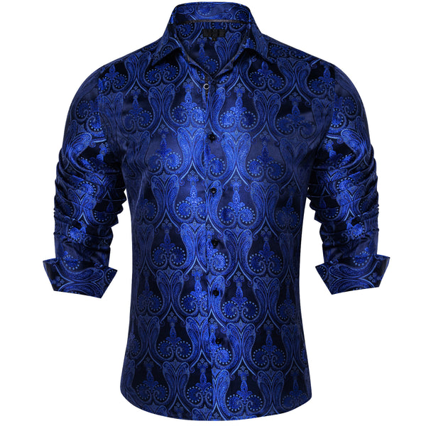 Navy Blue Pailsey Silk Men's Long Sleeve Shirt