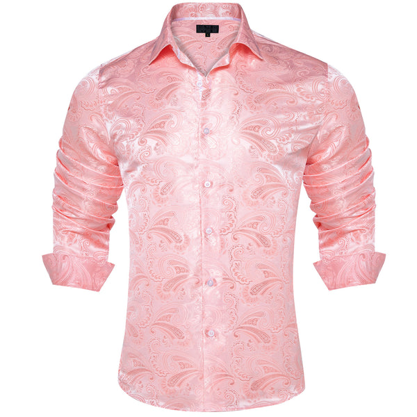 Light Pink Floral Silk Men's Long Sleeve Shirt