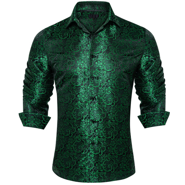 Ties2you Long Sleeve Shirts for Men Sapphire Pine Green Floral Silk Dress Shirt