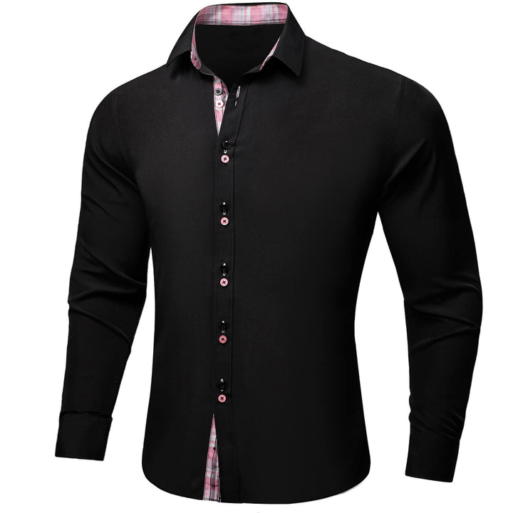  Black Solid Pink Plaid Splicing Silk Shirt
