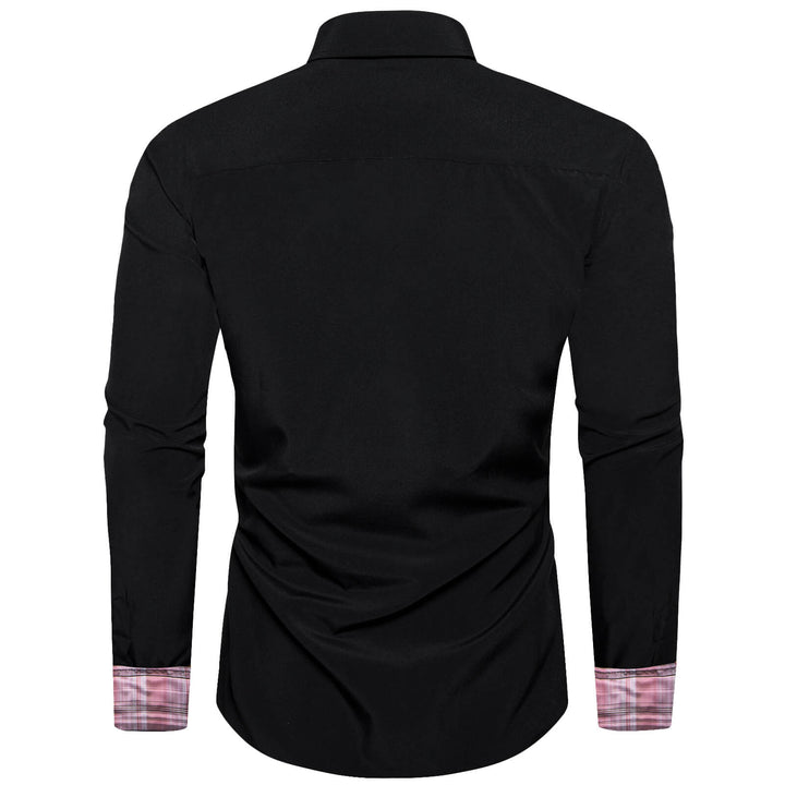  Black Solid Pink Plaid Splicing Silk Shirt