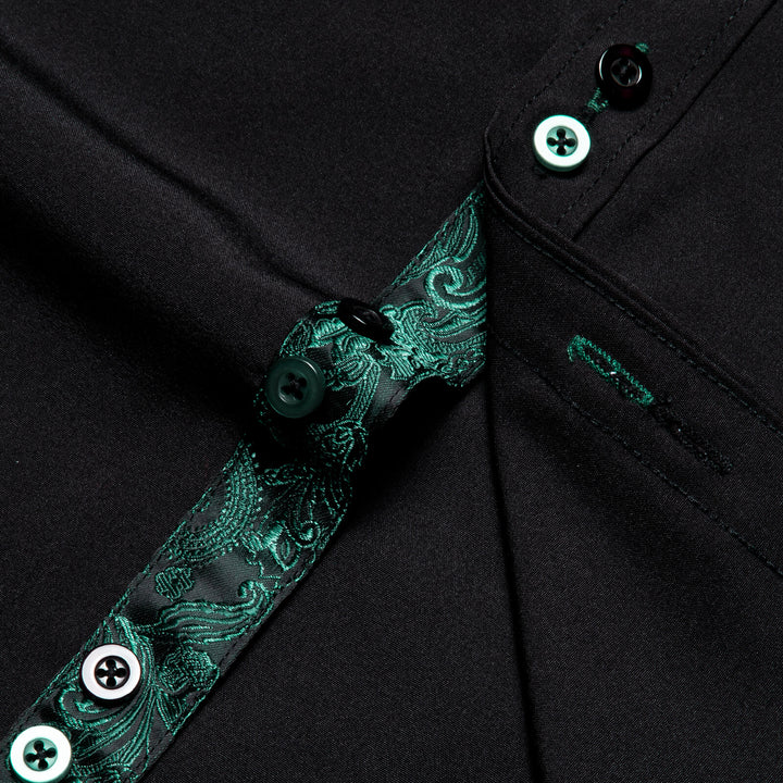  Black Solid Green Paisley Splicing Silk Shirt