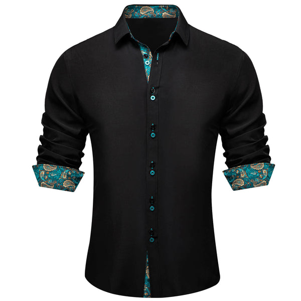  Black Solid Teal Paisley Splicing Silk Dress Shirt