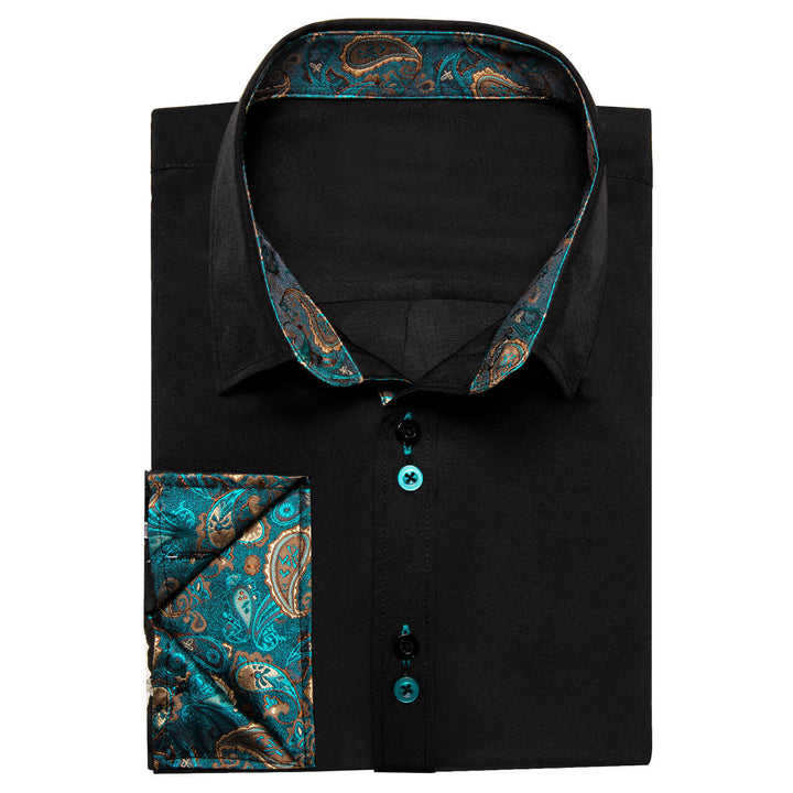  Black Solid Teal Paisley Splicing Silk Dress Shirt