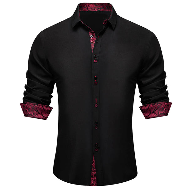 Black Solid Red Paisley Splicing Silk Dress Shirt