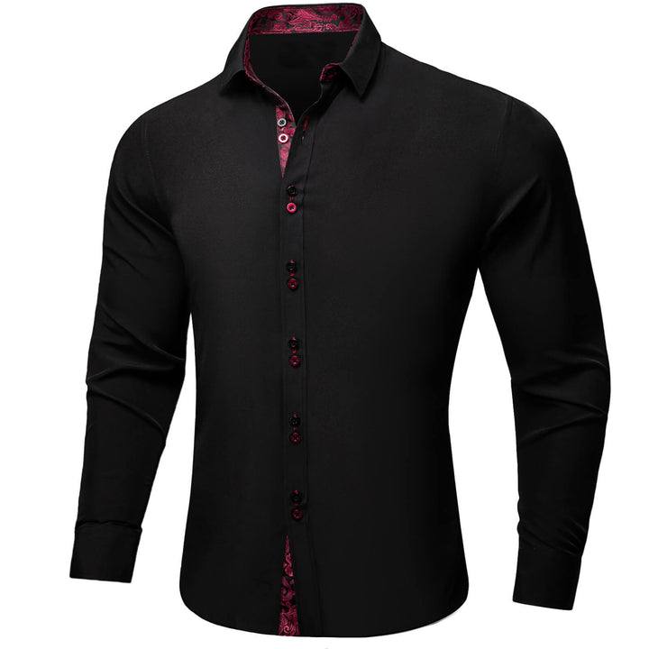 Black Solid Red Paisley Splicing Silk Dress Shirt