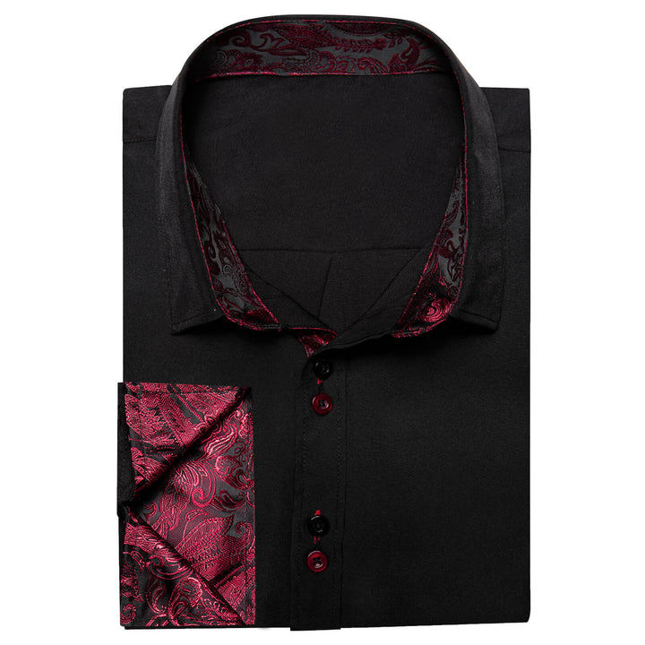 Black Solid Red Paisley Splicing Silk Dress Shirt