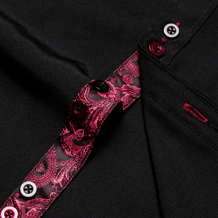 Black Solid Red Paisley Splicing Silk Dress Shirt