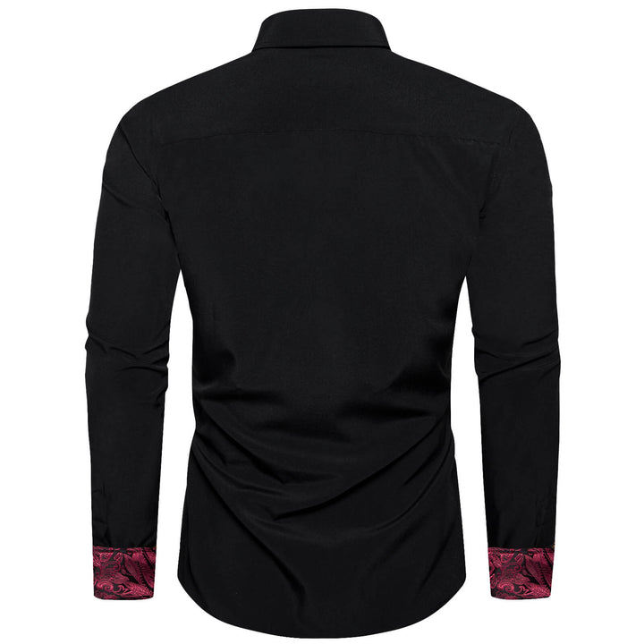 Black Solid Red Paisley Splicing Silk Dress Shirt