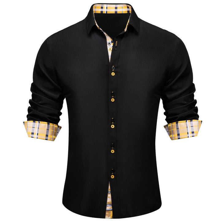 Black Solid Yellow Plaid Splicing Silk Shirt